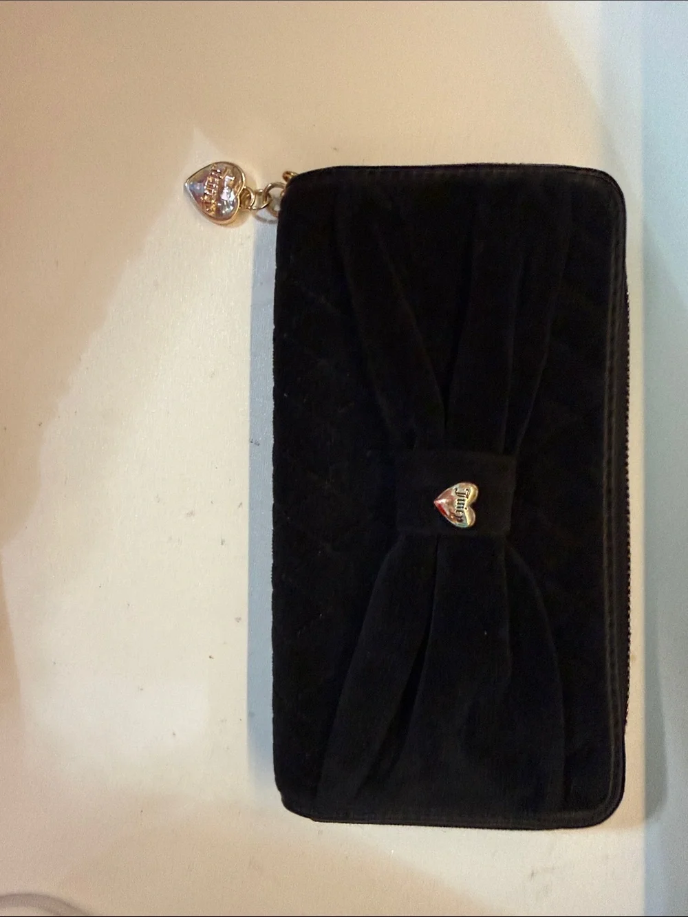 Juicy Couture Black Velvet Bow Zip Wallet with Heart Charm